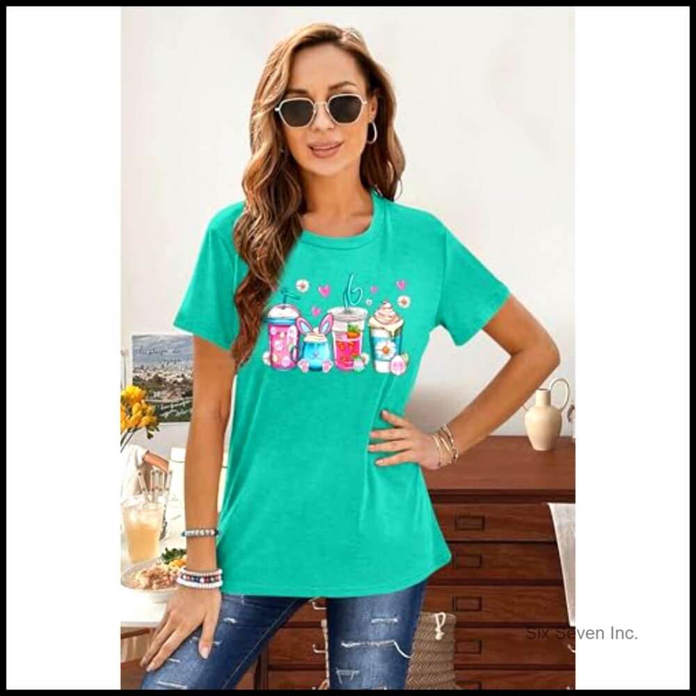 Happy Easter Bunny Rabbit Graphic T-Shirt Short Sleeve Top - Picture 2 of 7